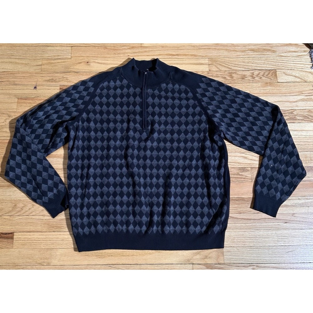 Cutter & Buck 2XT Big & Tall Black Grey Argyle Diamond 1/4 Zip Pullover Sweater